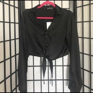 MISSGUIDED BUTTON FRONT SATIN TIE CROP TOP BLOUSE